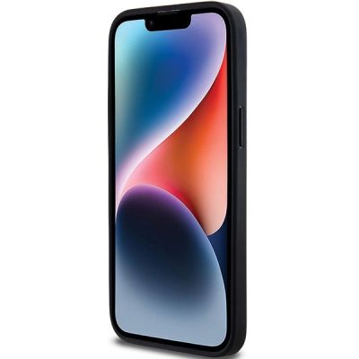 5. DKNY Lederhülle mit Monostreifen und Metalllogo für iPhone 14 Pro – Schwarz
