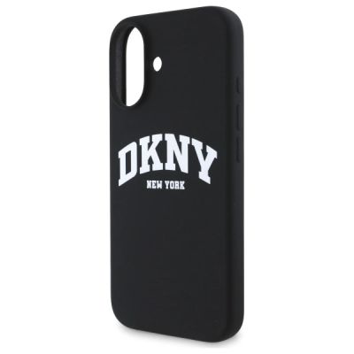 6. DKNY Silikon-MagSafe-Hülle mit weißem bedrucktem Logo für iPhone 16 – Schwarz