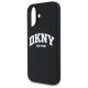 6. DKNY Silikon-MagSafe-Hülle mit weißem bedrucktem Logo für iPhone 16 – Schwarz