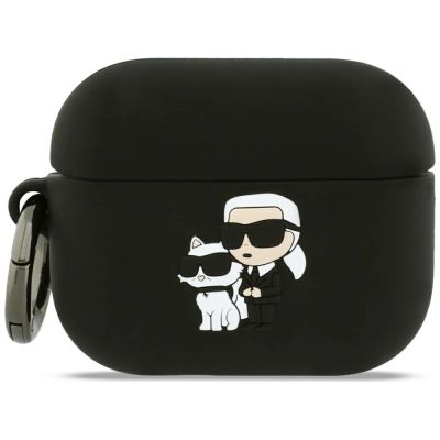 Karl Lagerfeld Silikonhülle mit Karl & Chaupette Kopf (3D) für AirPods Pro 3 – Schwarz