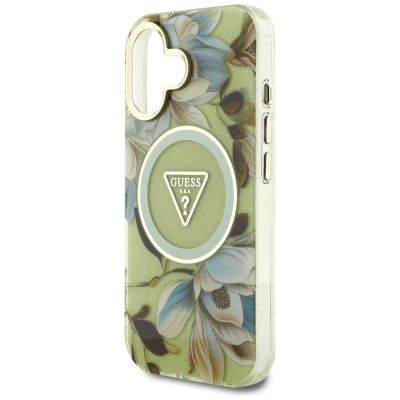6. Guess Glitter Flowers Triangle Buttons MagSafe Hülle für iPhone 16 grün