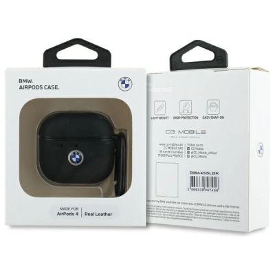 3. BMW BMA4SSLBK AirPods 4 Hülle schwarz/schwarzes Echtleder mit silbernem Logo