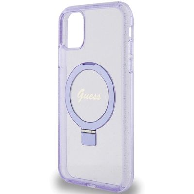 6. Guess Ring Stand Script Glitter MagSafe-Hülle für iPhone 11 / Xr – Lila
