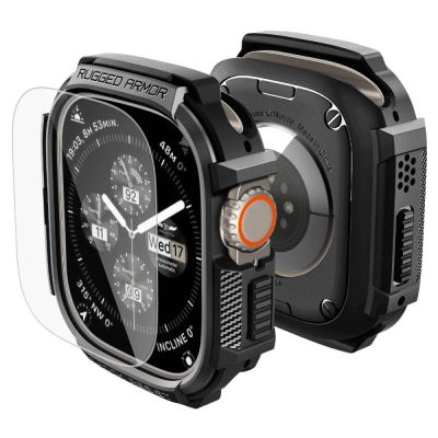 Spigen Rugged Armor Schutzhülle + 9H-Hartglas für Apple Watch Ultra 49 mm – Mattschwarz