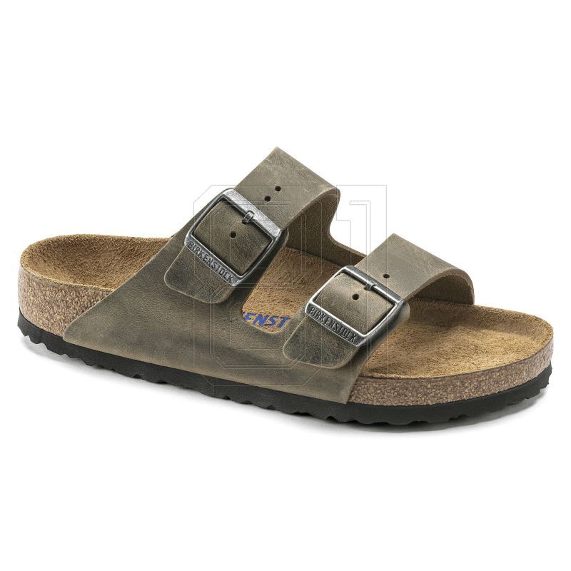 Birkenstock Arizona Soft Footbed Oiled Leather Narrow Faded Khaki Slides für schmale Füße (1019377)