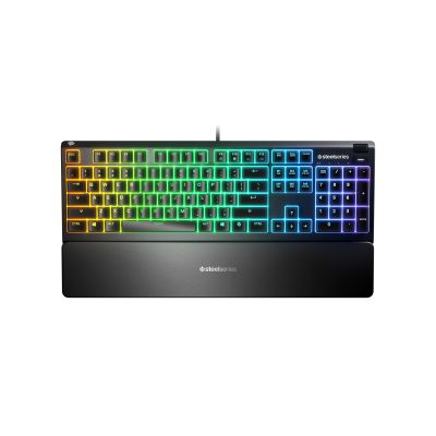 SteelSeries Apex 3 Gaming-Tastatur, US-Layout, kabelgebunden, schwarz SteelSeries Apex 3 Gaming-Tastatur IP32 wasserfest zum Schutz vor Spritzern, anpassbare 10-Zonen-RGB-Beleuchtung reagiert auf Spiele und Discord, flüsterleise Gaming-Schalter halten