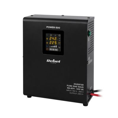 Rebel POWER-500 Wandmontiertes Notstromaggregat – Sinus-Wechselrichter mit Ladefunktion, 12 V/230 V, 500 VA/300 W