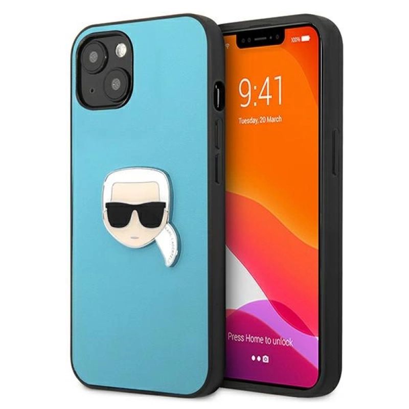 Karl Lagerfeld Leder Ikonik Karl's Head Metallhülle für iPhone 13 mini - Blau