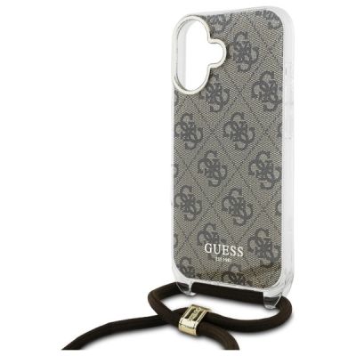 5. Guess Crossbody Cord 4G Print Hülle mit Trageband für iPhone 16 – Braun