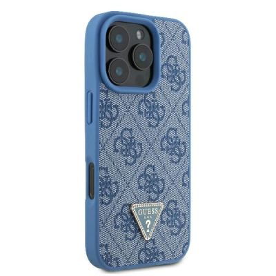 4. Guess Umhängetasche aus Leder mit Metall-Logo und Strass für iPhone 16 Pro – Blau