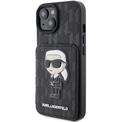 2. Karl Lagerfeld Saffiano Cardslots and Stand Monogram Ikonik Patch Hülle für iPhone 15 – Schwarz