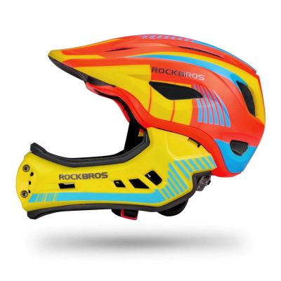 3. Rockbros TT-32SOYB-M Kinderfahrradhelm mit abnehmbarem Kinnbügel, Größe M – gelb-orange