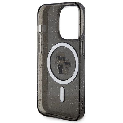 7. Karl Lagerfeld Karl&Choupette Glitter MagSafe Hülle für iPhone 15 Pro – Schwarz