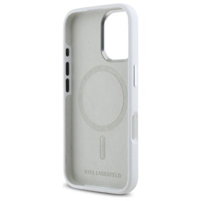 7. Karl Lagerfeld Silikon Initial Metal Logo MagSafe Hülle für iPhone 16 – weiß