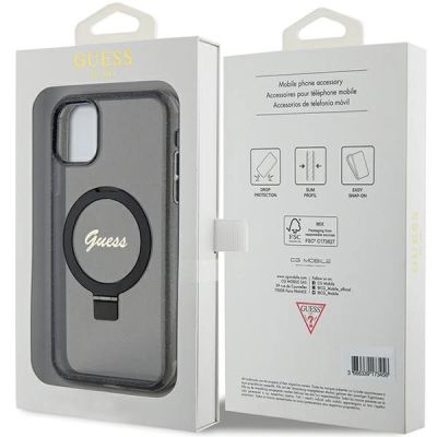 8. Guess Ring Stand Script Glitter MagSafe-Hülle für iPhone 11 / Xr – Schwarz