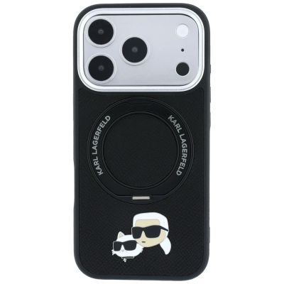3. Karl Lagerfeld mit Ringständer 360° Karl & Choupette Köpfe Pin MagSafe Hülle für iPhone 18 Pro / 17 Pro - Schwarz