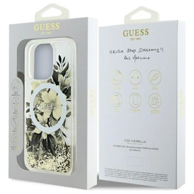 8. Guess Liquid Glitter Flower MagSafe Hülle für iPhone 16 Pro – Beige