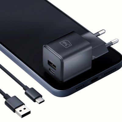 13. 3mk Hyper GaN Ladegerät 20W QC4+ PD PPS USB-C USB-A Wandladegerät - Schwarz