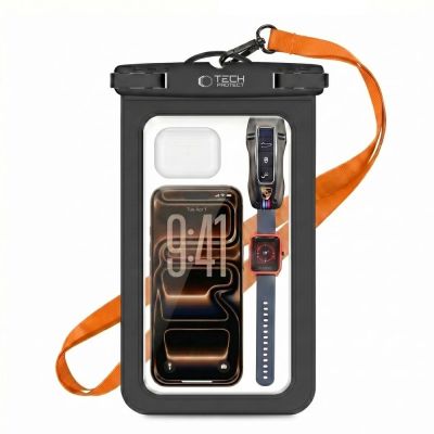 6. Wasserdichtes Tech-Protect-Gehäuse UWC9, wasserdicht für Geräte bis 8,9 Zoll – Schwarz und Orange
