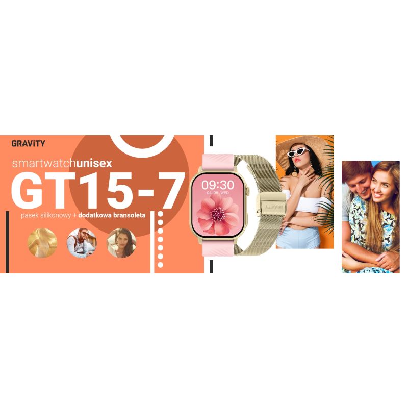 10. Smartwatch Gravity GT15-7 mit pinkfarbenem Silikonarmband und goldenem Armband