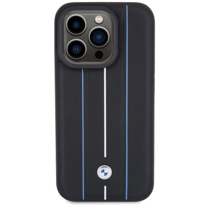 3. BMW Lederhülle mit blauem Streifenmuster für iPhone 15 Pro Max – Schwarz