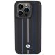 3. BMW Lederhülle mit blauem Streifenmuster für iPhone 15 Pro Max – Schwarz