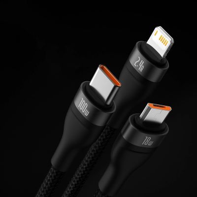 11. Baseus Flash Series II Kabel USB - USB Typ C / Lightning / Micro USB 100 W 1,2 m schwarz (CASS030001)