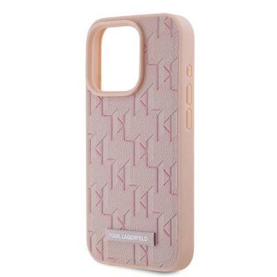 6. Karl Lagerfeld Leder-Monogramm-Metall-Logo-Hülle für iPhone 15 Pro Max – Rosa