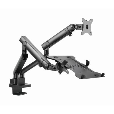 3. GEMBIRD VERSTELLBARER TISCHARM/-HALTERUNG FÜR 2 MONITORE + NOTEBOOK-ABLAGE 17–32, VESA 100 X 100 MM, BIS 8 KG