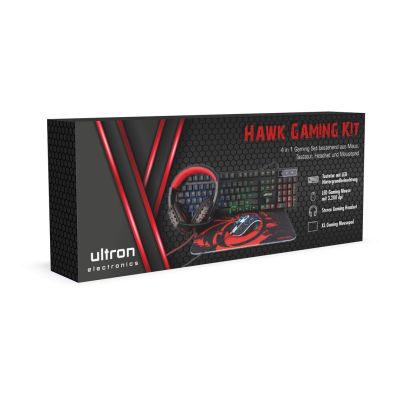 6. Ultron HAWK Gaming-Set inklusive Tastatur und Maus (QWERTZ-Tastatur, Deutsch, Schwarz, Rot, Weiß)