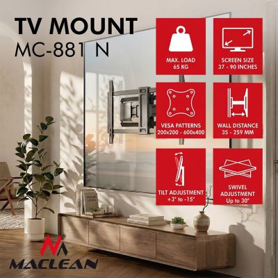 18. MACLEAN TV-WANDHALTERUNG, VESA 600 x 400, max. 37–90 Zoll, max. Traglast 65 kg, Schwarz, MC-881 N