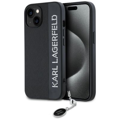 Karl Lagerfeld Saffiano Rhinestones & Charm Hülle für iPhone 15 / 14 / 13 – Schwarz