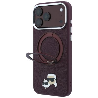 2. Karl Lagerfeld mit Ring Stand 360 Karl & Choupette Köpfe Pin MagSafe Hülle für iPhone 18 Pro / 17 Pro - bordeauxrot
