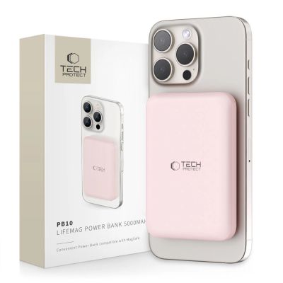 Tech-Protect LifeMag PB10 Powerbank mit MagSafe 5000 mAh 15 W USB-C-Anschluss – Rosa + USB-C-Kabel