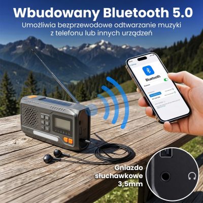 9. Extralink Bluetooth-Solarradio mit Kurbeldynamo-Powerbank (4000 mAh) und SOS-Taschenlampe BT-4000, tragbar, analog und digital, Schwarz/Orange