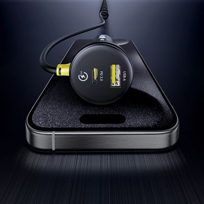11. Baseus Circular 60W USB-A + USB-C Autoladegerät mit integriertem Lightning + USB-C Kabel 1,4m - Schwarz