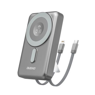Dudao K29 10000 mAh PD 20 W MagSafe Powerbank mit Metallgehäuse, Ständer und integrierten USB-C/ Lightning Kabeln - Grau
