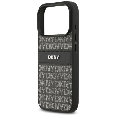 6. DKNY iPhone 17 Pro Hülle mit sich wiederholendem Texturmuster und Ton-in-Ton-Streifen – Schwarz