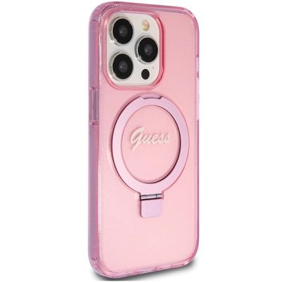 4. Guess Ring Stand Script Glitter MagSafe-Hülle für iPhone 15 Pro Max – Rosa