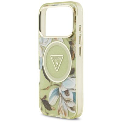 6. Guess IML Glitter Flowers Dreieckige MagSafe Hülle für iPhone 17 Pro Max - Grün