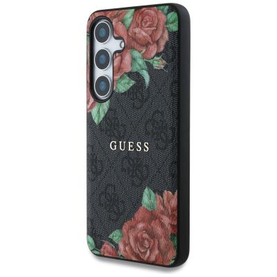 2. Guess Leather 4G Flowers Print Metal Classic Logo MagSafe Hülle für Samsung Galaxy S25 - Schwarz