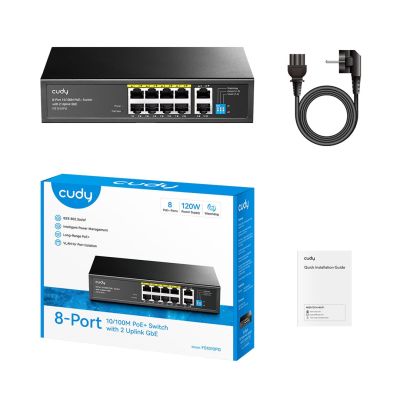 5. Switch CUDY FS1010PG, 8-Port 10/100 Mbit/s PoE+ 120 W, 2x GbE-Uplink