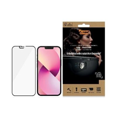 PanzerGlass E2E Microfracture antibakterielles Glas mit Kameraabdeckung mit Swarovsky-Kristall für iPhone 13 mini – mit schwarzem Rahmen