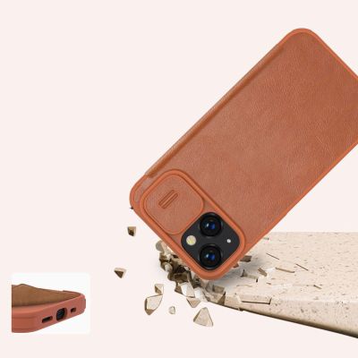15. Nillkin Qin Leder Pro Hülle iPhone 14 Plus Kamera Cover Holster Cover Flip Case Braun