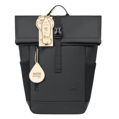 4. Rivacase Eden Rucksack, Roll-Up-Rucksack, Schwarz, Polyester, Gewachstes Leder (zum Hochziehen)