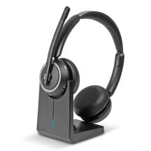 Lindy L118 Kabelloses Headset mit Kopfbügel, Büro-/Callcenter-Anschluss, USB Typ-C, Bluetooth-Ladestation, Schwarz