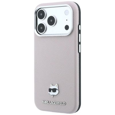 2. Karl Lagerfeld MagSafe-Schutzhülle mit Choupette-Kopf-Motiv aus genarbtem Metall für iPhone 17 Pro / 18 Pro – Pink