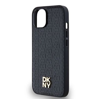 6. DKNY MagSafe-Hülle aus Leder mit Monogrammmuster und Metalllogo für iPhone 15/14/13 – Schwarz