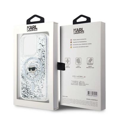 8. Karl Lagerfeld Liquid Glitter Karl Head MagSafe Hülle für iPhone 15 Pro Max – transparent