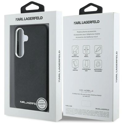 8. Karl Lagerfeld Saffiano Vollumwickelte MagSafe Hülle mit länglichem Metalllogo für Samsung Galaxy S25 - Schwarz